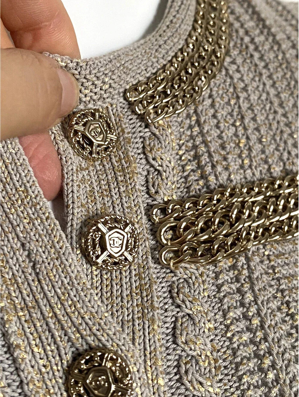08P CHANEL FR-36 Metallic Knit Short-Sleeve Cardigan Top Gold Chain Trim Pockets